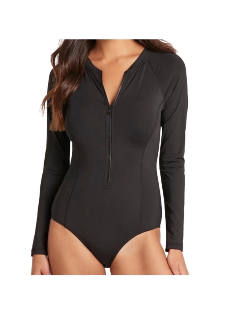 SEA LEVEL Zip Front Long Sleeve One Piece Swimsuit Black UPF Size 10 (L)
